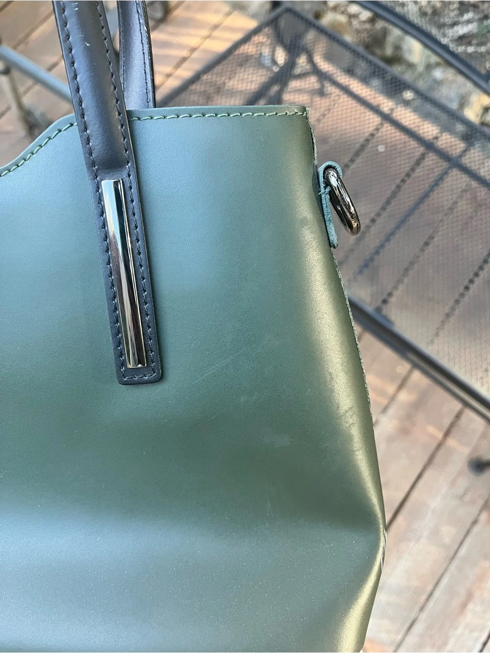 Green Structured Tote Handbag with Black Handles